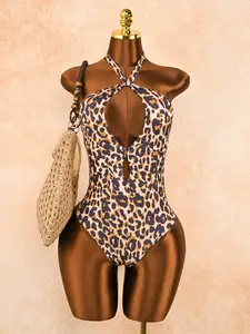 Fashionable Women's One-Piece Swimsuit, Sexy Leopard Print Swimwear, Vacation Beachwear, Stylish Bathing Suit for Summer, Halter Swimsuit