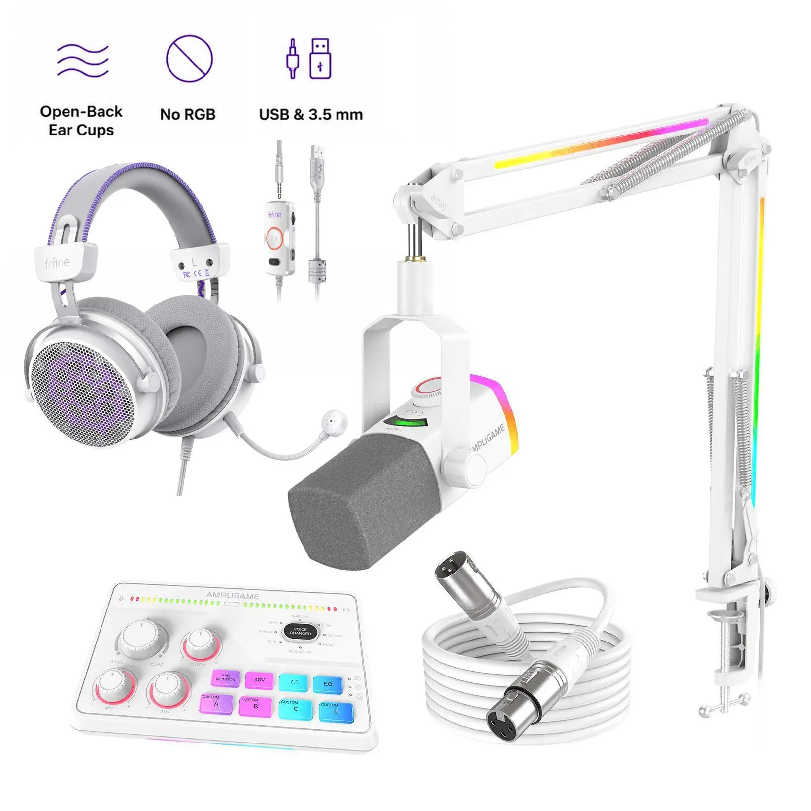 fifine Ultimate Streaming & Gaming Bundle Kit - AM8ProT Boom Microphone with RGB Lights, Boom Arm, SC8 Audio Mixer, H18V Open-Back Headset, 5V, 20-20kHz, 44.1/48kHz, 115dB Maximum SPL Streaming Equipment