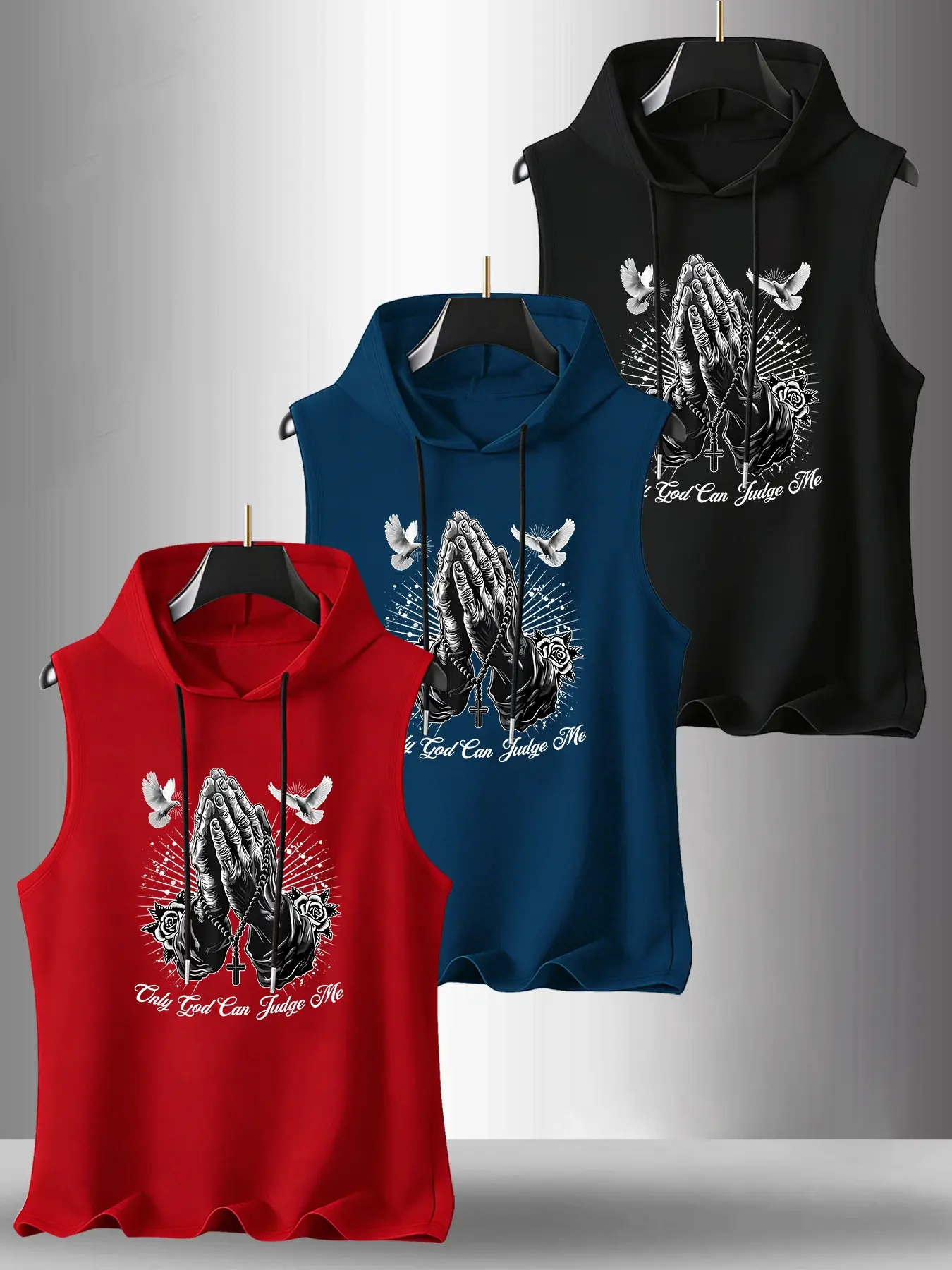 Men's 3-Pack Letter Palm Graphic Print Sleeveless Round Neck T-Shirt, Casual Comfortable Hooded Vest, Menswear Summer Outdoor Fitness Wear, Athleisure, Sleeveless Tank, Sleeveless Top, Summer Tank Tops