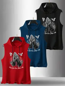 Men's 3-Pack Letter Palm Graphic Print Sleeveless Round Neck T-Shirt, Casual Comfortable Hooded Vest, Menswear Summer Outdoor Fitness Wear, Athleisure, Sleeveless Tank
