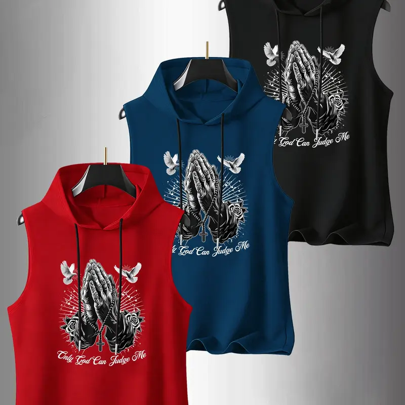 Men's 3-Pack Letter Palm Graphic Print Sleeveless Round Neck T-Shirt, Casual Comfortable Hooded Vest, Menswear Summer Outdoor Fitness Wear, Athleisure, Sleeveless Tank, Sleeveless Top, Summer Tank Tops