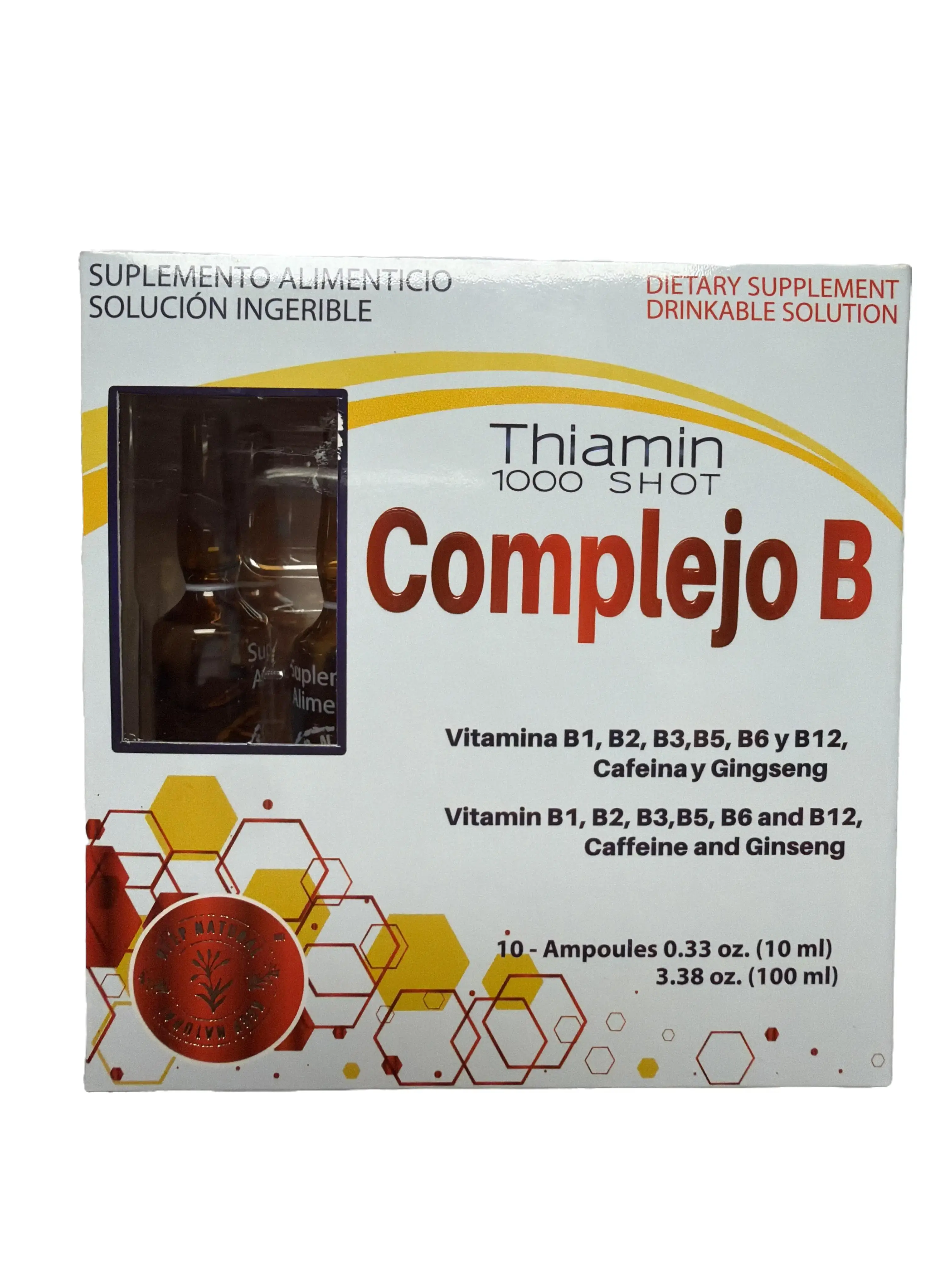 Thiamin 1000 Shot B Complex Oral Vitamin Supplement - B1, B2, B3, B5, B6, B12, Caffeine, Ginseng - 10x10mL Vials - Natural Nutritional Support for Adult Fitness & Healthcare