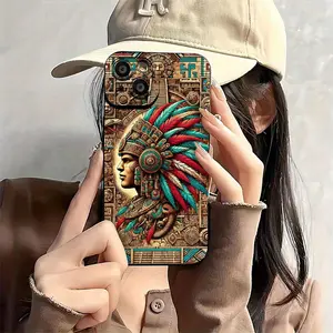 Aztec warrior print art pattern, drop-proof and non-slip TPU full-cover lens mobile phone protective case, suitable for iPhone 16 15 14 13 12 11 XS X, Samsung and other series models, can be given as a gift to friends or family