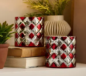 Set of 2 Lit Harlequin Mini Glass Hurricanes