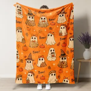 Cute Ghost Flannel Leopard print bow Throw Blanket - Versatile For Sofa, Bed, Office, Camping- Pumpkin Cozy Nap Blanket