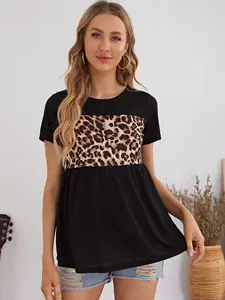 Maternity short-sleeved sports and casual wear for summer, featuring black leopard print pattern