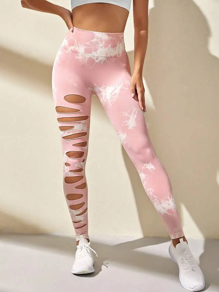 Pink & White Tie Dye Ripped Legging