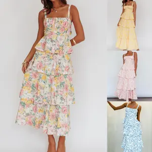 Women Summer Sleeveless Dress, Casual Solid Color/Floral Print A-Line Party Dress, Dress for Vacation Streetwear, Ladies Dress for Indoor Outdoor Wear, Ladies Clothes for Daily Wear