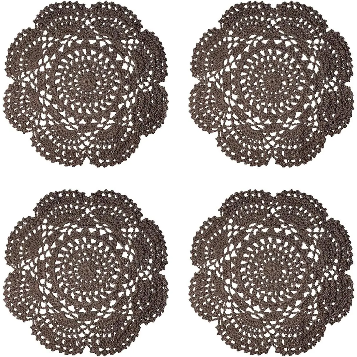 Unique 8-Inch Handmade 100% Cotton Crochet Round Lace Doily Set - Kitchen Placemats, Coasters, Pack of 4 (Dark Brown)