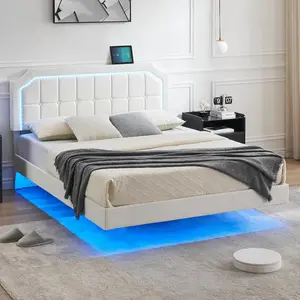 Floating Bed Frame Queen Size with Led Lights Heavy Duty Metal Platform Beds with 12inch Underbed Storage Space No Box Spring Needed Easy to Assemble White