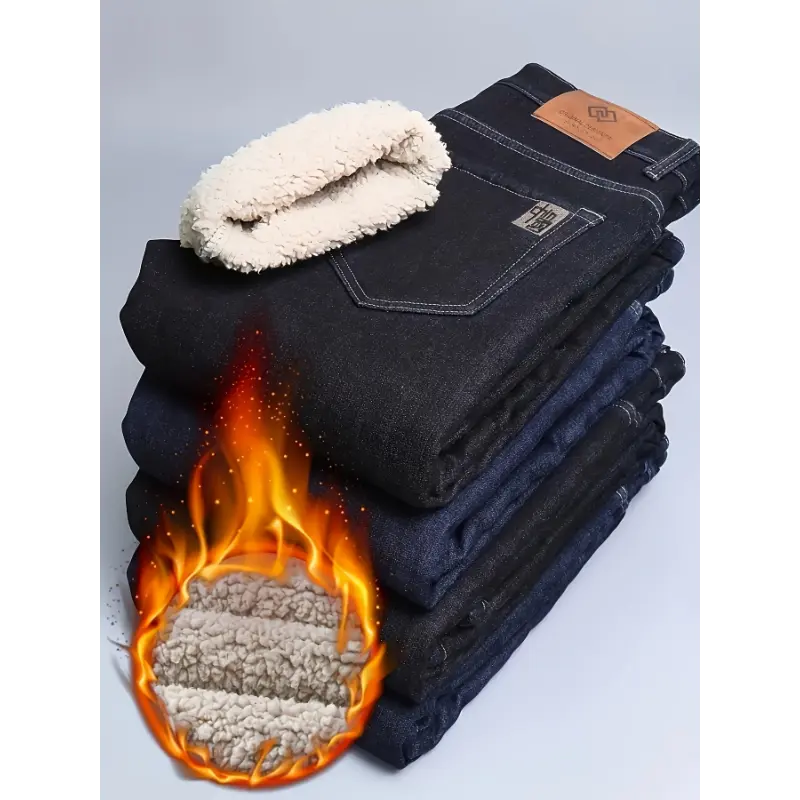 Men's Regular Fit Stretch Heavy-Duty Fleece-Lined Thermal Insulated Winter Jeans - Polyester-Cotton Blend Denim, Dark Blue, Business Casual Office Attire, Cold Weather Sports Wear, Hand Wash Only, Solid Mens Trouser, Do Not Dry Clean, Basic