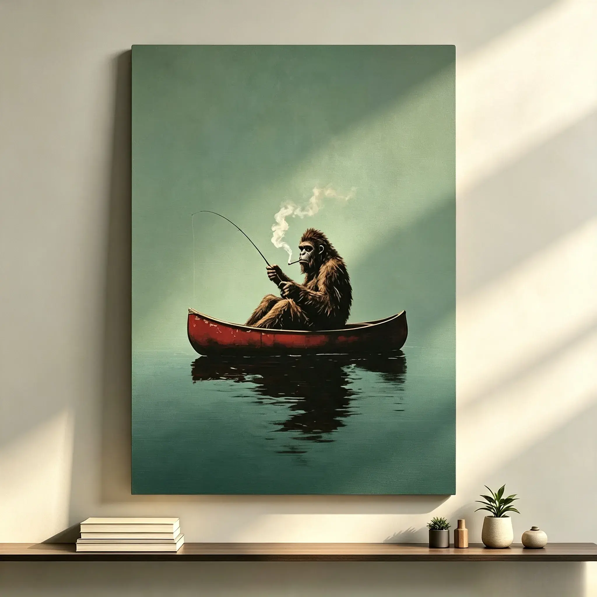 Bigfoot Fishing In Red Canoe Art Print, Funny Sasquatch Wall Art, Rustic Outdoor Canvas Poster, Unframed Decor For Man Cave Cabin