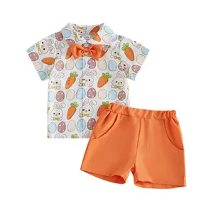 PYBCVRRD Toddler Baby Boy Easter Gentleman Outfits Set Bunny Short Sleeve Bowtie Shirts Tops and Solid Shorts 2 Piece Summer Clothes Set 6M-4Y