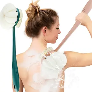 Double-Head Bath Brush Long Handle Exfoliating Nylon Bristles Soft Sponge Deep Cleaning Foaming Body Back Wash Tool