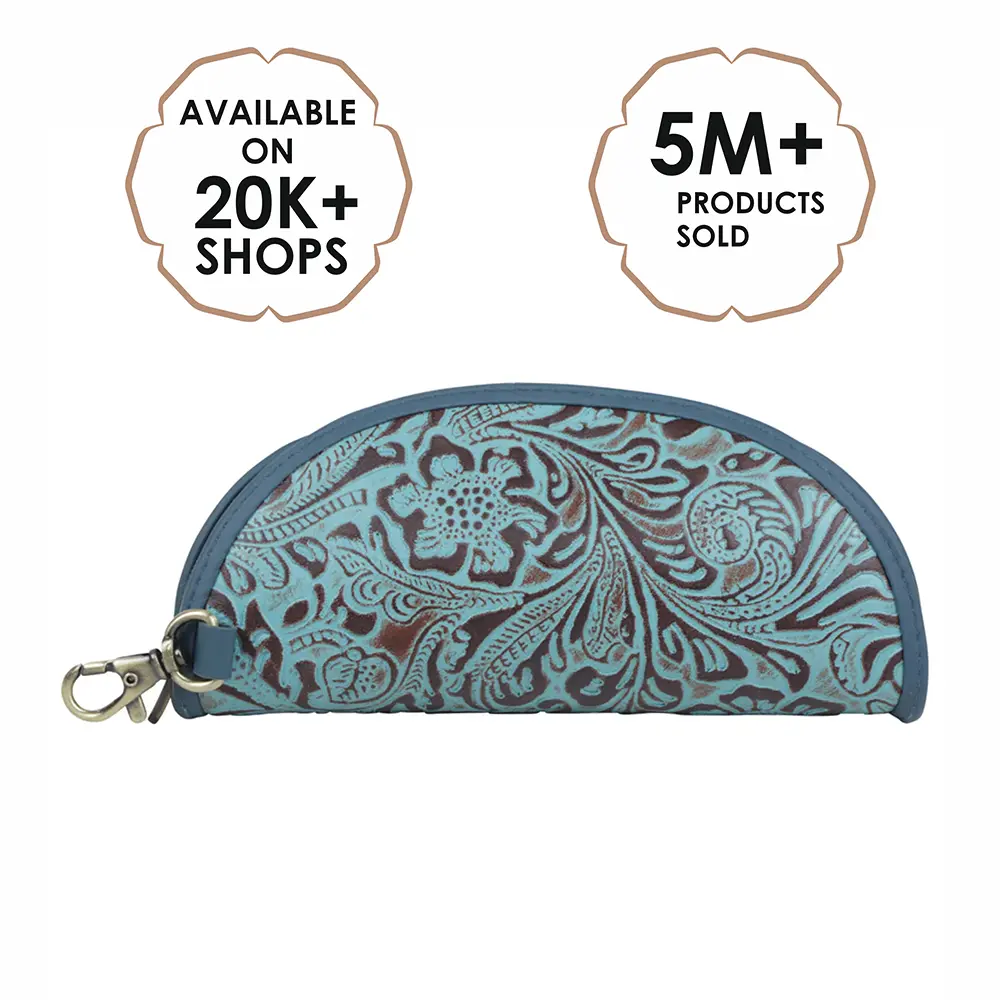 Women's Myra Hand-Tooled Genuine Leather Sunglasses Case - Western Hard Shell Eyewear Holder, Compact Blue Floral Elegant Female Design, 8.5x2.5x2.5in Casual Daily Glasses Storage