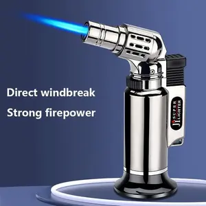 Portable High Fire Metal Lighter, with Safety Lock & Adjustable Flame, Multifunctional Kitchen Barbecue Cigar Lighter, Outdoor Windproof Turbine Gas Lighter, Men'S Gifts (No Gas), Without Battery