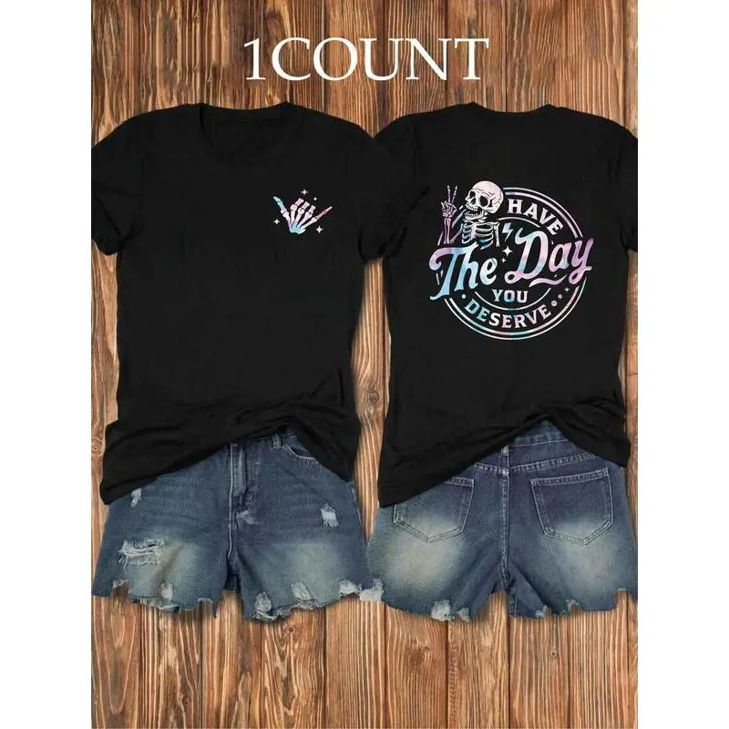 Women's Skeleton & Letter Print Round Neck Tee, Fashion Casual Crew Neck Short Sleeve T-shirt for Daily Holiday Vacation Outdoor Wear, Ladies Clothes for Summer, Summer Tops, Womenswear, Graphic Tees Women