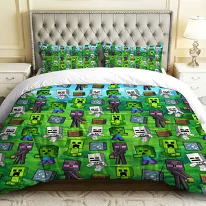 3PCS Duvet Cover Set, 1 Duvet+2 Pillowcases(Without filler), Pixel Green  Skeleton Block theme, Christmas bedding set, Gaming Geometric Colorful Suitable for decoration Bedroom Dormitory Guest Room Lounge, Bed Sets