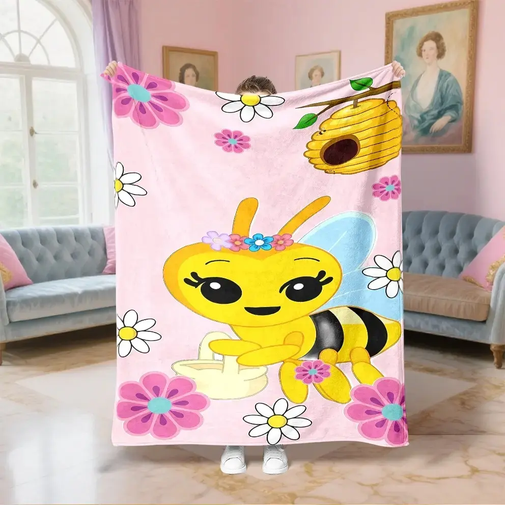 1PC Modern Bee Print Flannel Blanket - Ultra-Soft, All-Season Throw Blanket with Multi-Size Options, Suitable for Sofas, Beds, Summervibes