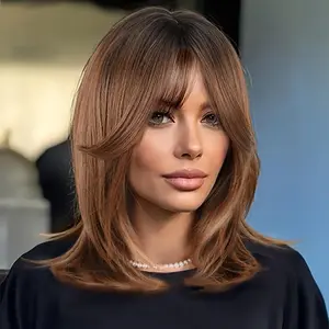 Straight Bob Wig with Side Bangs, 100% Heat Resistant Synthetic Hair, Natural Look, Trimmable, Middle Length, Elegant Design for Women, Pre Plucked Wig, Natural Looking Wigs