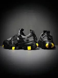 Men's Black-Purple Color-Block Platform Functional Style Casual Sneaker Shoes, Trendy Sneakers, Breathable Mesh, Height-Increasing & Anti-Slip, Wear-Resistant & Durable, Trendy Streetwear Sports Shoes, Sneakers Fashion Footwear