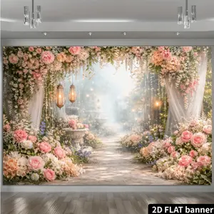 2D Flat Pink Rose Stone Urn Garden Backdrop - Floral Arch Composed of Pink and White Roses with Peonies Hanging Vintage Kerosene Lamp Stone Urn Floral Arrangement and Pathway Landscaping Vintage Forest-Inspired Style Durable Material No Power