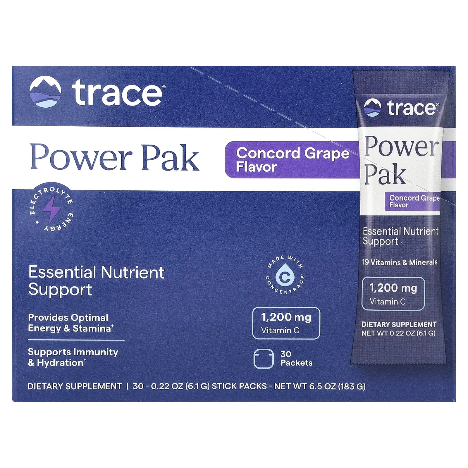 Trace Power Pak, Concord Grape, 30 Stick Packs, 0.22 oz (6.1 g) Each