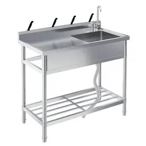 GARVEE Stainless Steel Utility Sink 39" with Workbench, Storage Rack, Hot and Cold Water Pipes, Free Standing Single Bowl Kitchen Sink with Faucet and Legs for Garage, Outdoor Garden, Backyard, Restaurant, and Industry Use