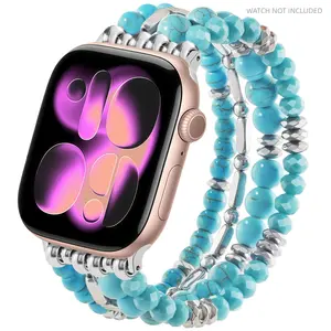 Beaded Bohemian Bracelet Suitable for Apple Watch Series 11 10 Se 9 8 7 6 5 4 3 2 1 Strap Wrapped Strap 42mm 41mm 40mm 38mm/46mm 45mm 44mm 49mm Women's Fashion Handmade Cute Crystal Bead Elastic Strap Suitable for iWatch Strap Natural Stone Strap Beaded H