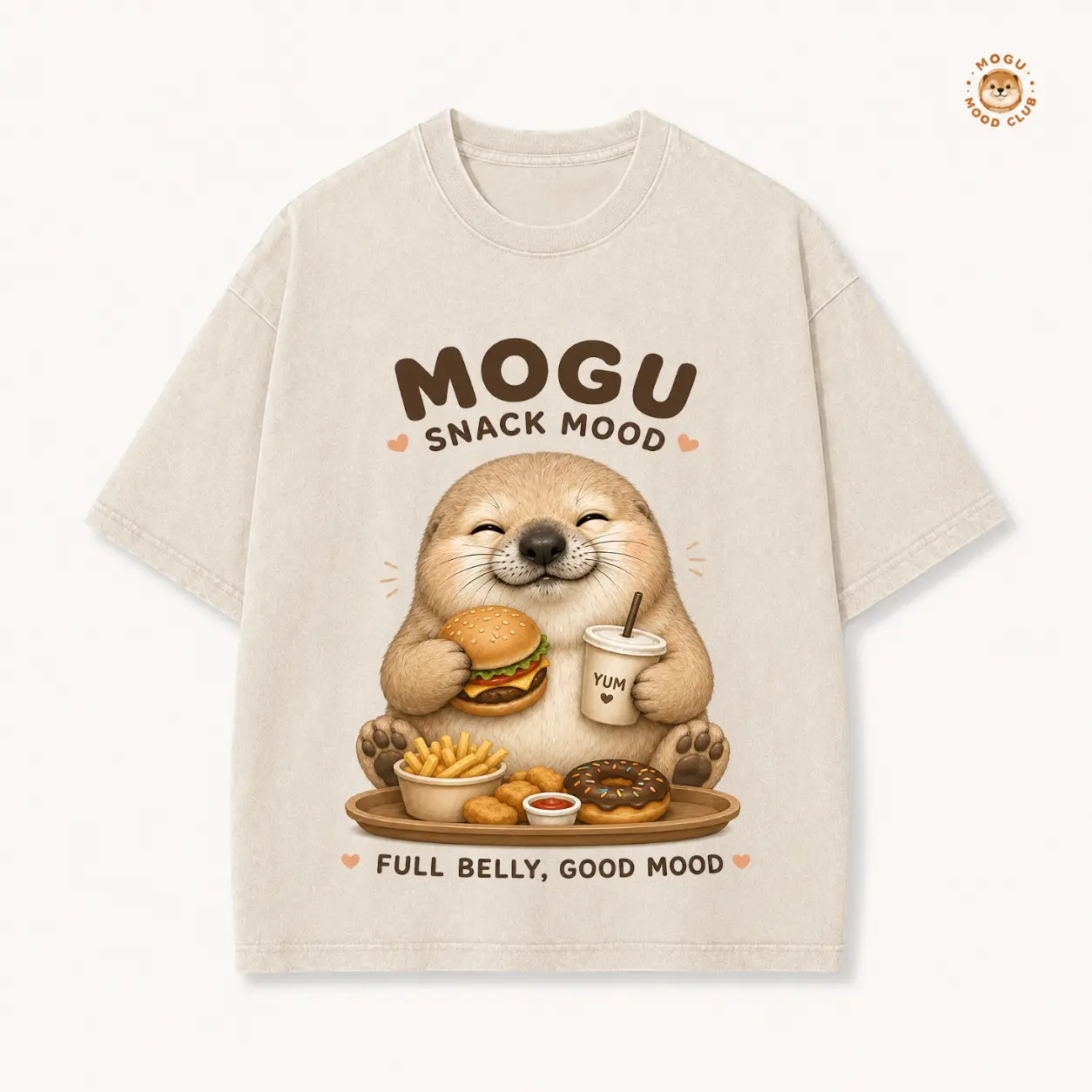 Vintage oversized graphic tee with otter surrounded by snacks (burger, fries, donut), 'MOGU SNACK MOOD FULL BELLY, GOOD MOOD.' print, casual short sleeve top for snack lovers, comfortable daily wear for all genders