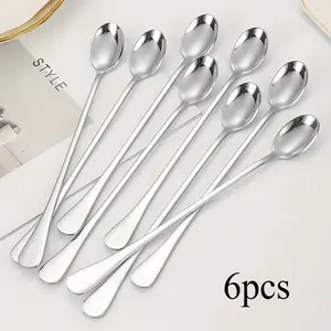 6-Piece Stainless Steel Long Handle Ice Tea Coffee Spoon Set, Durable Arc Design, Dishwasher Safe, Ideal for Home Office Restaurant, Cutlery, Teaspoons, Tableware, Spoons Set