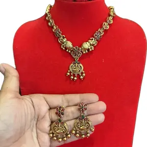 Women's Ethnic-Inspired Artistic Bling Gold-Colored Traditional South Asian Temple 2-Piece Jewelry Set - Necklace with Matching Earrings for Cultural Occasions, Artistic Jewelry Sets, Bling Jewelry Sets