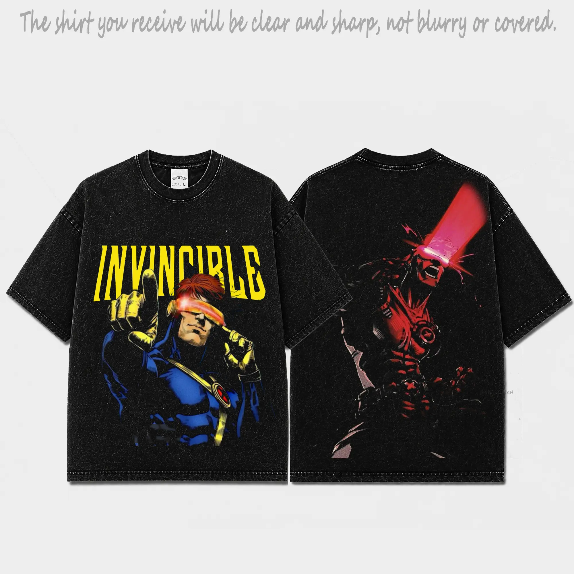 Cyclops X-Men V2 Inspired Acid Wash Black Oversized T-Shirt, Premium Cotton Laser Eye Hero Graphic Tee, Front Back Comic Print Streetwear Shirt, Retro Streetwear Gift For Superhero Fans Men Women