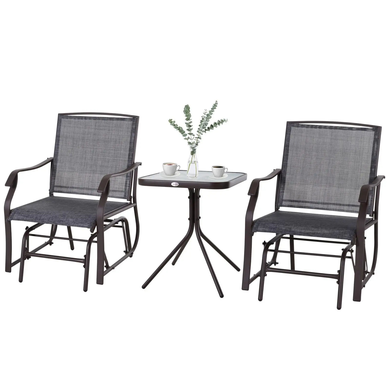 Outsunny 3-Piece Outdoor Glider Bistro Set - 2 Patio Rocking Swing Chairs with Breathable Sling Fabric, Glass Coffee Table (352 lbs. Chair Capacity, 66 lbs. Table Capacity), Outdoor Furniture for Backyard, Porch, Gray