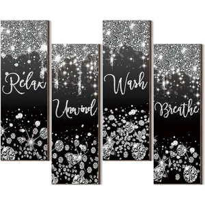 4 Pcs Black and Silver Bathroom Wall Decor Glitter Diamond Wooden Living Room Decor Relax Wish Unwind Breathe Sign Black Silver Shiny Drips Hanging Bathroom Sign for Toilet Home Spa