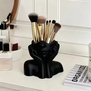 Cute Human Face Shaped Makeup Brush Storage Box, Minimalist Farmhouse PVC Organizer, Lightweight Portable Desktop & Bathroom Cosmetic Organizer, Artistic Decorative Makeup Organizer