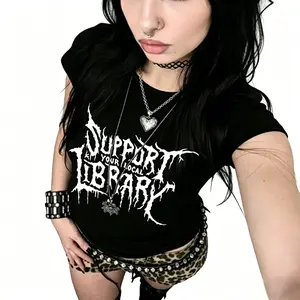Death Metal Print T-Shirt, Vintage Gothic Casual Tee, Custom Metal Style Top, Dark Academia Women's Shirt for Halloween Spooky Season, Breathable Solid Color