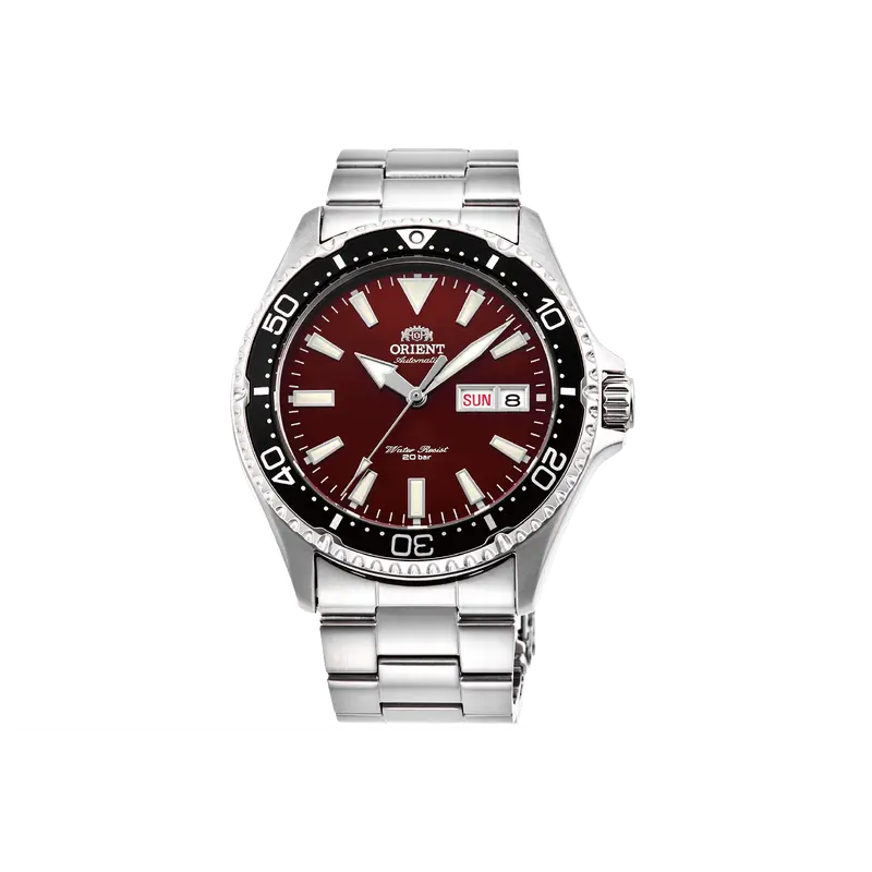 Orient Kamasu Men's Analog Wristwatch - 41.8mm Stainless Steel Case, Steel Strap with Clasp, Round Red Dial, Sapphire Crystal, Luminescent Marks, 100M - 200M Water-Safe Wrist Watches, Double Push-Button Safety, 12 Months Coverage, Guys Gifts