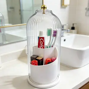 360° Rotating 3 Slots Toothbrush Holder,With Sliding Lid,Dustproof Design,Bathroom Countertop Organizer,Non-Slip Base,Toothpaste & Makeup Brushes Storage Caddy,Space-Saving,Vanity Counter Organizer,Sturdy Durable,Easy To Clean,Multi-Use Storage Stand