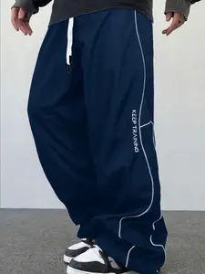 Men's Loose Athletic Joggers | "KEEP TRAINING" Print Contrast Piping Track Pants, Jogging Pants, Casual Streetwear Workout Pants, Fitness Trousers