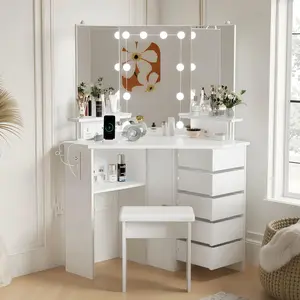 【GARVEE】Makeup Vanity Desk with Mirror and lights, Corner Vanity Desk with Stool,  Vanity Table with 5 Rotating Drawers, Brightness Adjustable, Dress Table with Mirror for Bedroom(White)