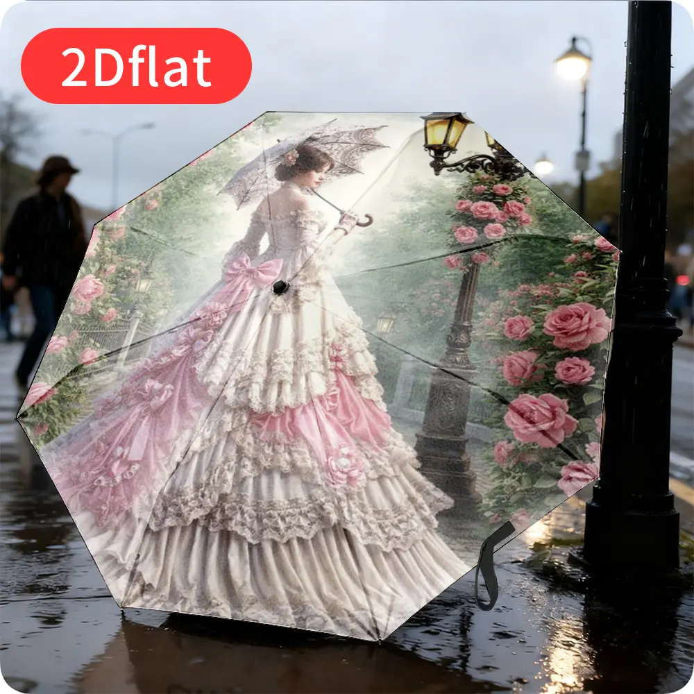 1 Victoria Gothic Rose Automatic Umbrella for Women – Auto Open/Close, 8-Rib Lightweight Yet Sturdy Frame, Pink Rose Lace Pattern Folding Umbrella in Victorian Style, Suitable for Weddings, Parties, and Everyday Use