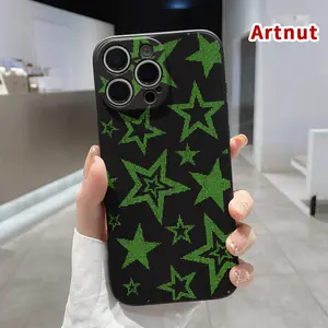 Green Star Pattern Pattern Straight Edge Phone Case for iPhone 17 15 16 14 Pro Max 13 12 11 XR XS Plus Air E Shockproof Drop Protection Rugged Durable Liquid Silicone Cover Cellphone Protective