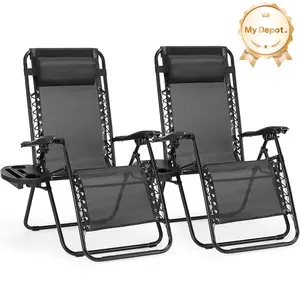 Set of 2 Zero Gravity Chairs with Cup Holder Trays, Portable Recliner Beach Camping Patio Outdoor Folding Lounge Chairs for Poolside, Backyard
