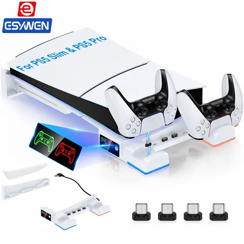 ESYWEN Chargeable Horizontal Stand for 2023 PS5 Slim Console, PS5 Compatible USB-Powered Accessory with Port, Works with Optical Drive & Digital Versions, Charges 2 Controllers Simultaneously