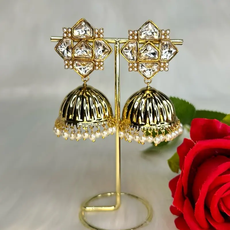 Beautiful Gold Tayani Kundan Women Jhumka High Quality Gold Jhumkas with Unique Tayani Design for Any Occasion