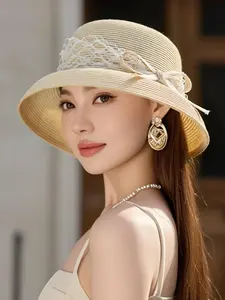 Women's New Fashionable Lampshade Style Sun Hat, Summer Seaside Foldable Sun Hat, Breathable and Versatile, Butterfly Knot, Silk and Linen Decoration, Adjustable Hat Circumference