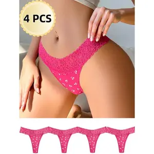 4 Pack Women's Comfortable Lace Trim Thong Panties, Hot Everyday Underwear with Cherry Print, Valentine's Day Sexy Lingerie