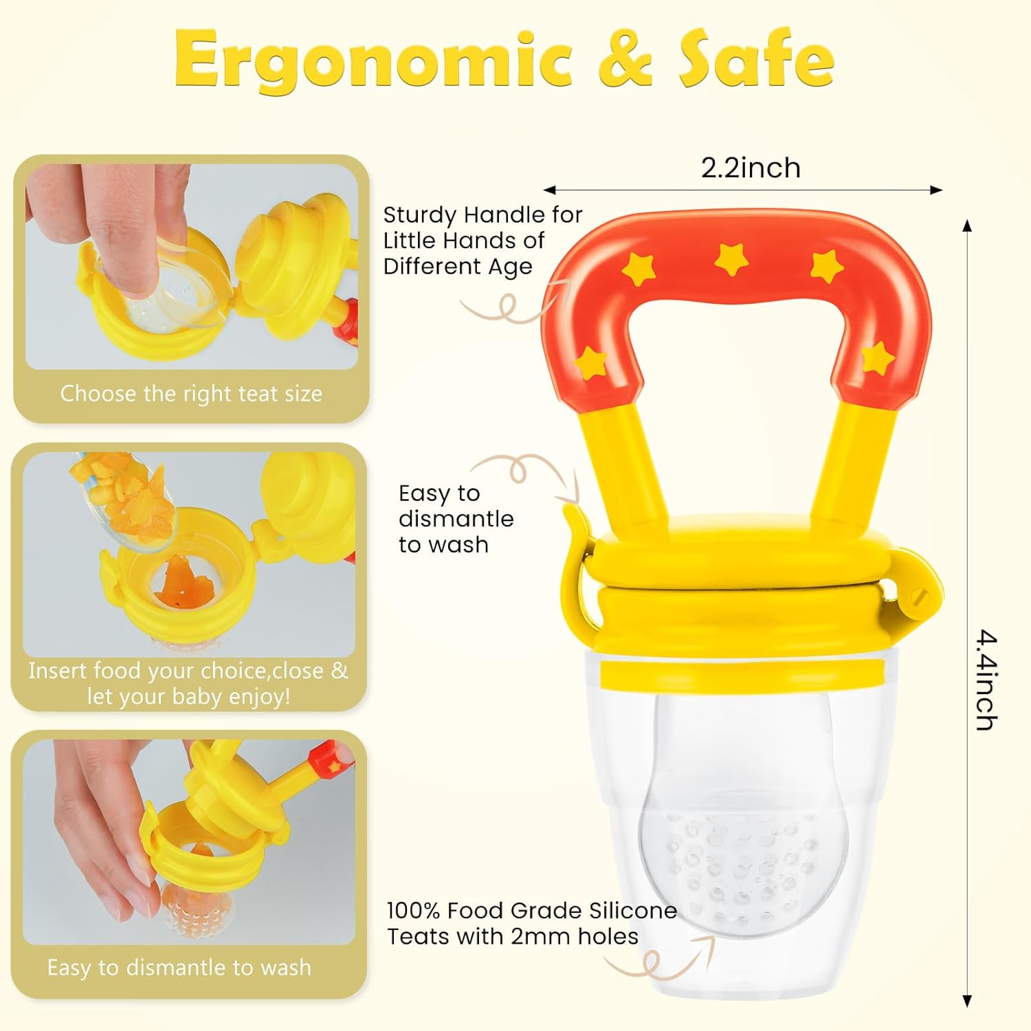 3 Pack Baby Fruit Feeder & Fresh Food Pacifier – Silicone Teething Feeder for Babies, Toddlers & Infants, Baby Solid Food Pacifier, Teether Essentials for Kids