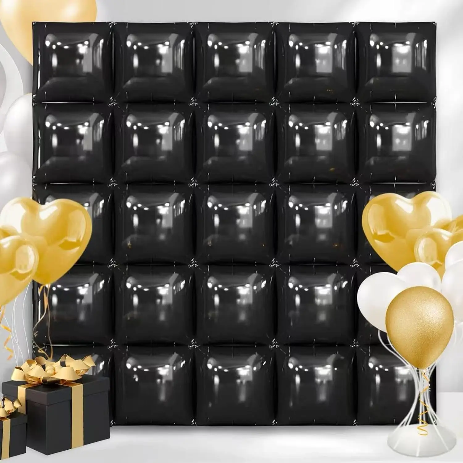 25PCS Black Square Foil Balloons for DIY Wall Backdrop & Tunnel Arch Kit for Anniversary, Halloween & Engagement Parties